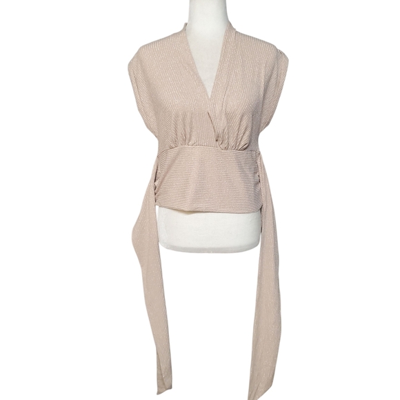 Express Beige Metallic Ribbed Faux Wrap Tie Front Top Size Medium - Picture 8 of 13